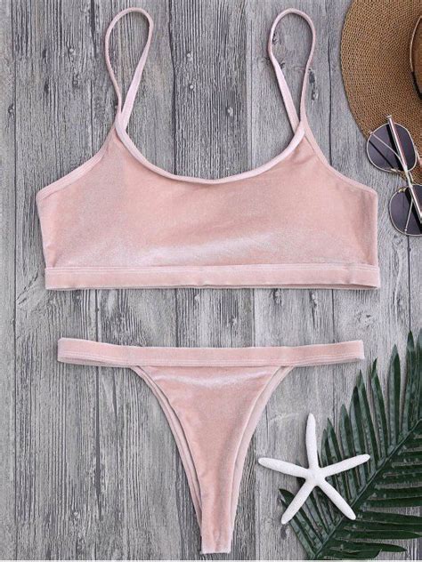 V String Thong Bralette Bikini Set Pink S Shimmer Velvet Bathing Suit