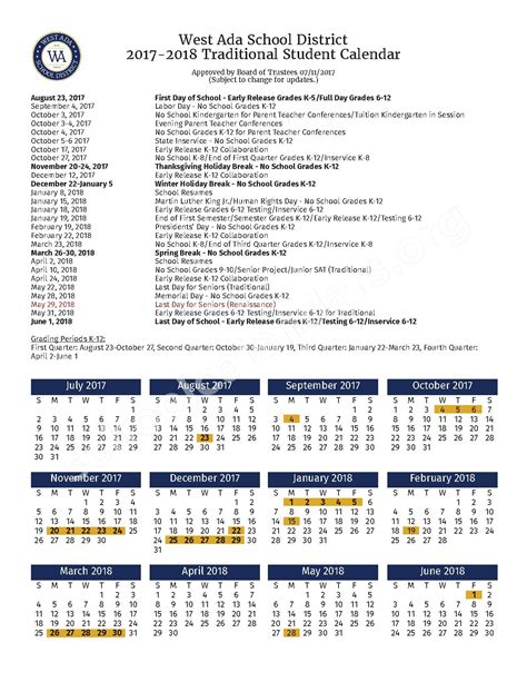 2017 - 2018 Traditional Student Calendar | West Ada School District ...