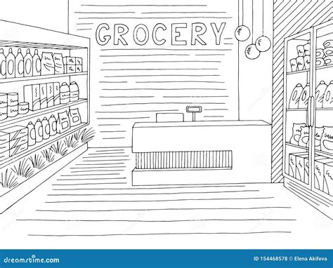 Grocery Store Shop Interior Black White Graphic Sketch Illustration