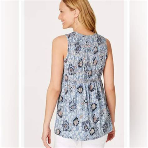 J Jill Tops J Jill Blue Floral Smocked Sleeveless Blouse Tank Size