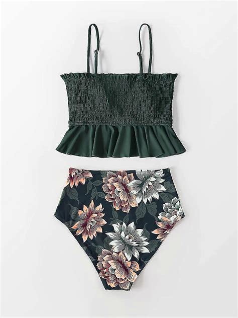 Kvinnors Bandeau Smocked Bikini Baddräkt Rufsig Bikini med hög midja sätter två stycken