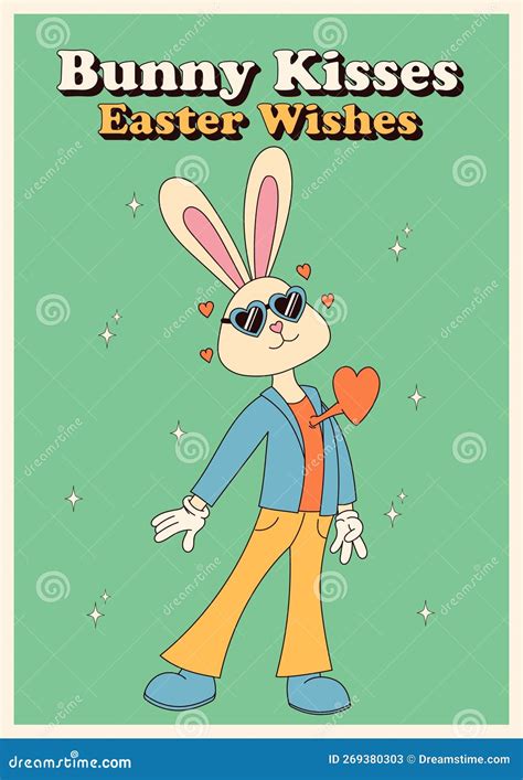 Groovy Hippie Happy Easter Posters Easter Bunny Vector Card In Trendy Retro 60s 70s Cartoon