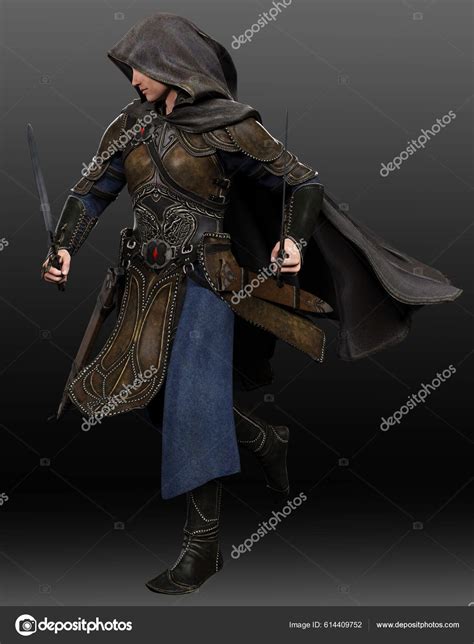 Fantasy Medieval Man Leather Armor Hooded Cloak Swords Stock Photo By