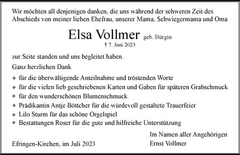 Traueranzeigen von Elsa Vollmer Schwarzwälder Bote Trauer