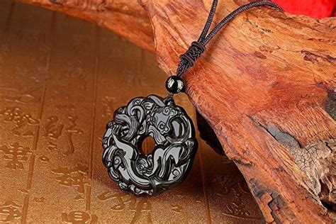 Amorwing Natural Black Obsidian Round Pendant Pixiu Engraving Necklace