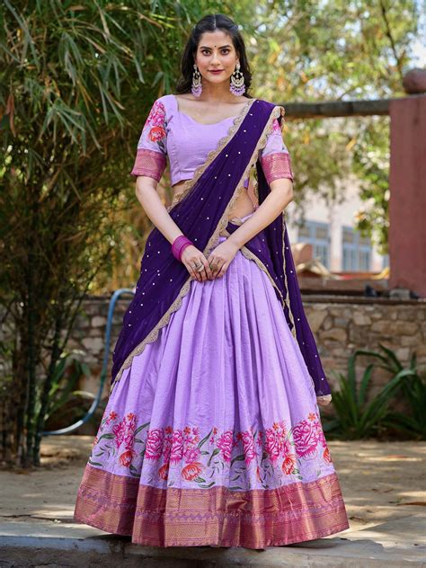 Buy Lavender Embroidered Cotton Festival Wear Half Saree Lehenga From