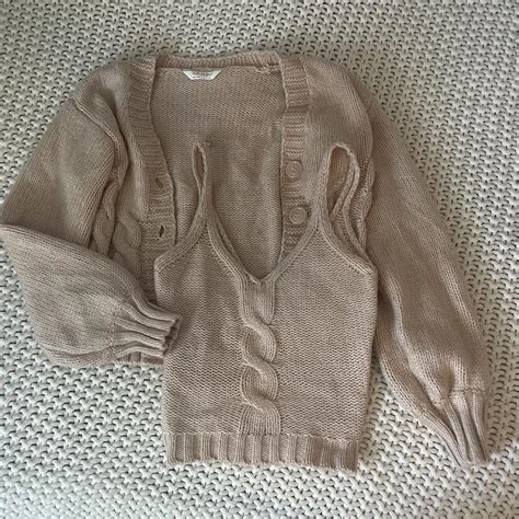 Pink Nude Knit Two Piece Camisole Cardigan Set Depop