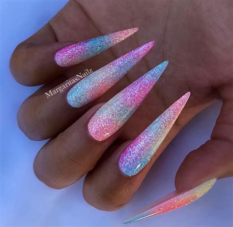 🍭 • • • • • • Rainbow Glitter Ombré Nails Sculpted Gel And Glitter Stilettos Valentinobeautypure