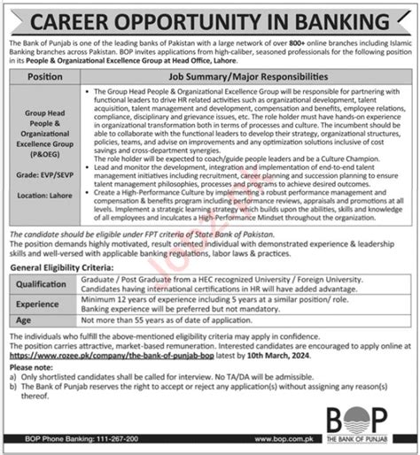 BOP Lahore Job 2024 2025 Job Advertisement Pakistan