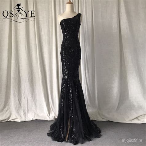 One Shoulder Black Evening Dresses Mermaid Sequin Prom Gown Glitter Pattern Lace Long Formal