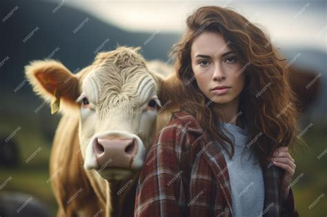 Premium AI Image | Cute Farmer woman with cow