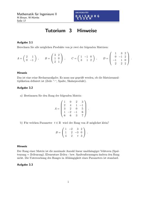 Tutorium Aufgabenstellung Mit Hinweisen 03 Mathematik Fur Ingenieure