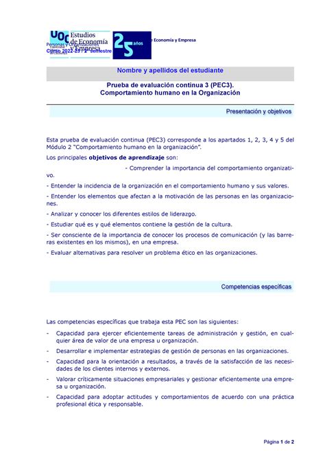 Enunciado Pec Pec Estudios De Econom A Y Empresa Personas