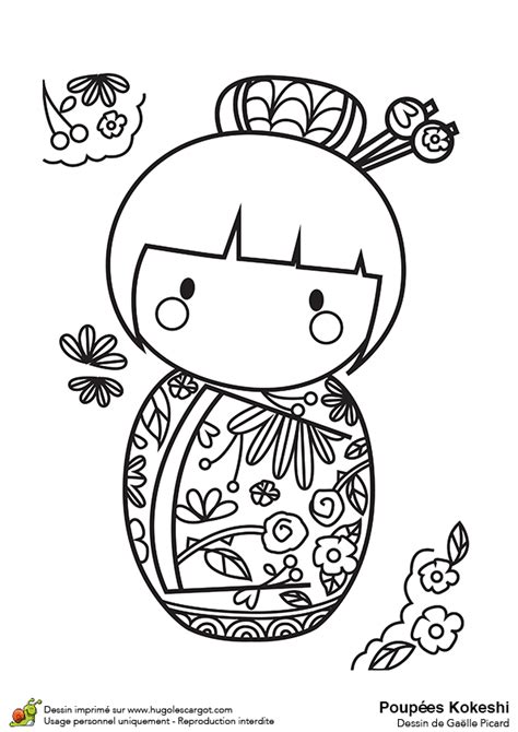 Dessin à colorier Poupée Kokeshi et roses rouges Hugolescargot