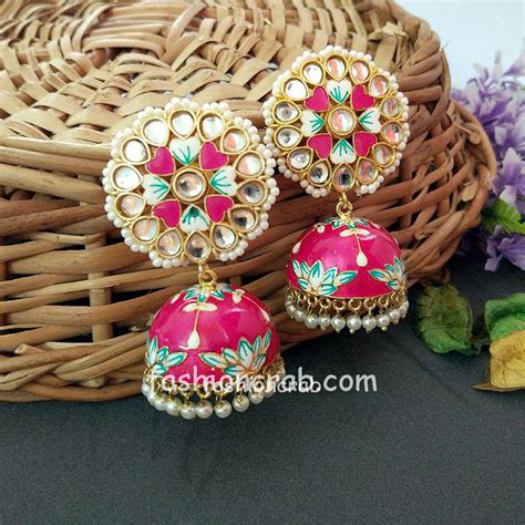 Light Blue Meenakari Pearl Jhumka Earrings For Wedding Fashioncrab