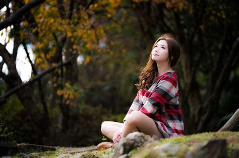 Images Brown Haired Bokeh Pose Cute Young Woman Asiatic Sit