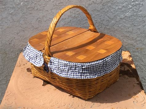 Wooden Picnic Basket With Double Hinged Woven Wood Lid Blue