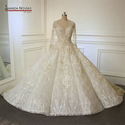 Amanda Novias Long Sleeve Lace Appliqued Floral Flowers Beading Long