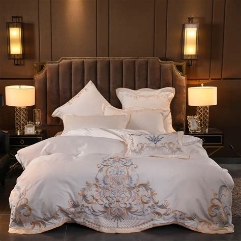 White Beige Egyptian Cotton Luxury Bedding Set Queen King Bed sheets set Embroidery Duvet cover ...