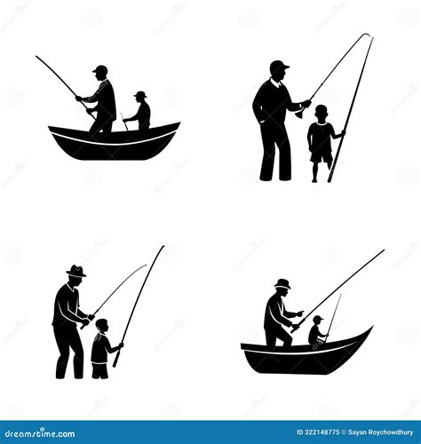 A Black and White Image of a Man Fishing with a Child and a Boat.Happy ...