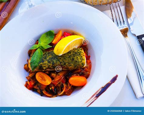 Baked Trout with Stewed Vegetables Stock Photo - Image of ...