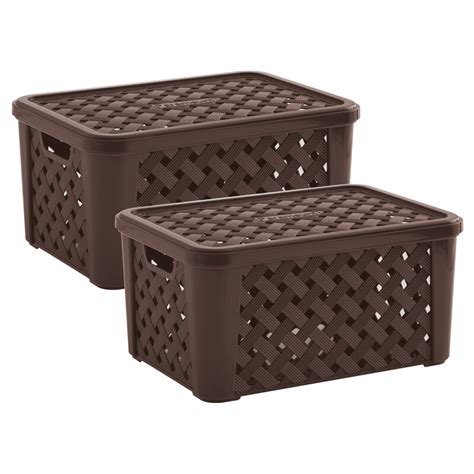 Set x2 Caja organizadora simil rattán con tapa P CHOCOLATE Garage Impo