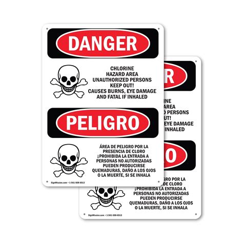 2 Pack Chlorine Hazard Area Bilingual Osha Danger Sign 10 Inch X 14 Inch Indoor Outdoor Rust