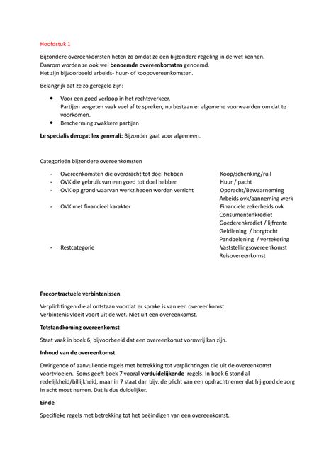 Samenvatting Bijzondere Overeenkomsten Tm H Hoofdstuk Bijzondere