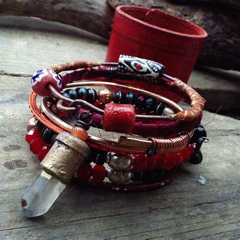 Gypsy Bangle Stack Leather Cuff Beaded Bracelet Boho By Quisnam