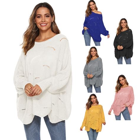 Pull irrégulier à manches lanternes pour femme ample ajouré en