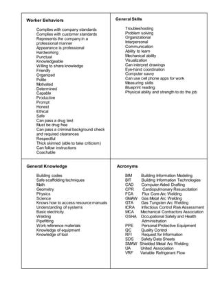 Steamfitter Union DACUM Research Chart | PDF