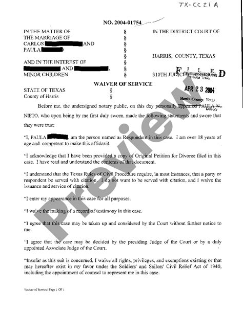 Harris Texas Waiver Of Service Waiver Of Service US Legal Forms