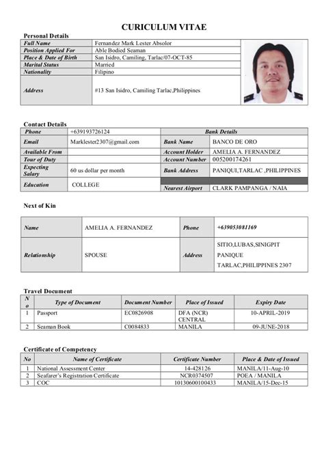 Seafarer Resume Format Download Wickmoms