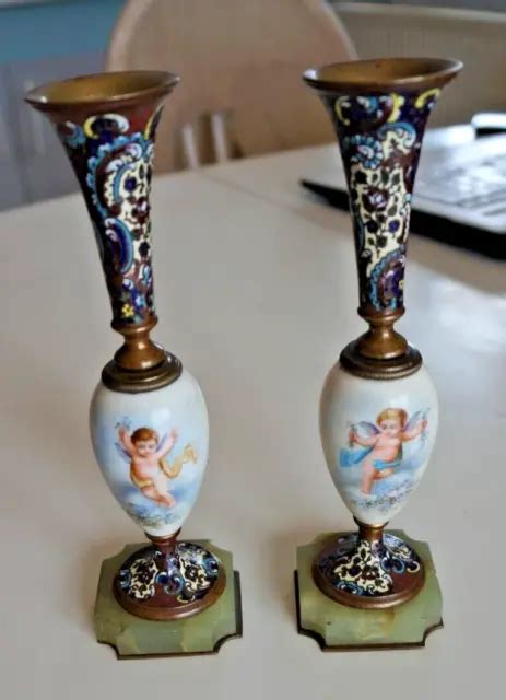 Paire De Vase En Maux Cloisonn Ange Marbre Laiton Eur