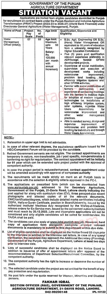 Agriculture Department Punjab Jobs Advertisement Application Form