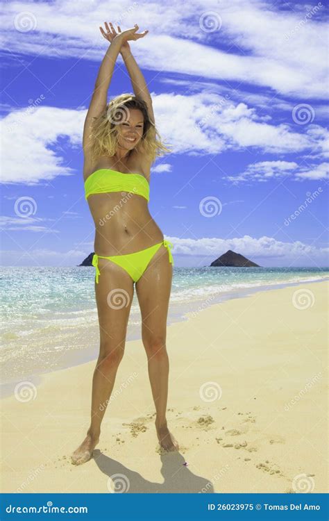 Beautiful Blond In Bikini On Beach Stock Image Image Of Clouds Happy