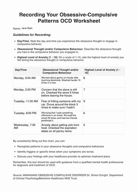 Recording Your Obsessive Compulsive Patterns Ocd Worksheet And Example Free Pdf Download