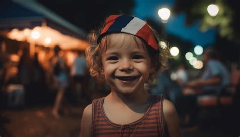 Premium AI Image | A child wearing a red, white, and blue bandana smiles at the camera.