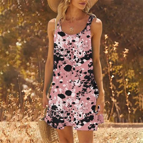 Munlar Sleeveless Womens Tank Dress Short Pink Printed Summer Loose Fit