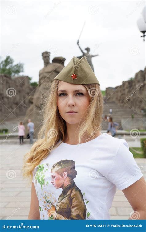 Girl Of Slavic Appearance In A Military Garrison Cap On Mamayev Stock Image Image Of Russian