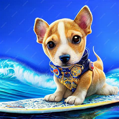 Premium Photo | Surfer little dog puppy surfing with surfboard in the