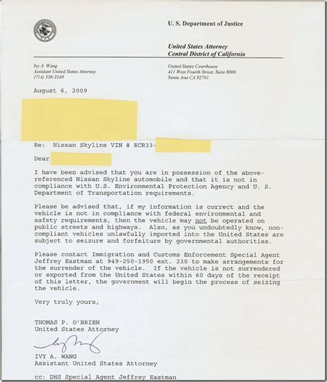 Us Department Of Justice Letter 60 Days To Export Or Surrender Nissan Skyline Gt R S In The Usa