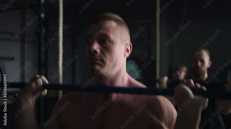 Muscular Man With Naked Torso Training In Gym Deadlift And