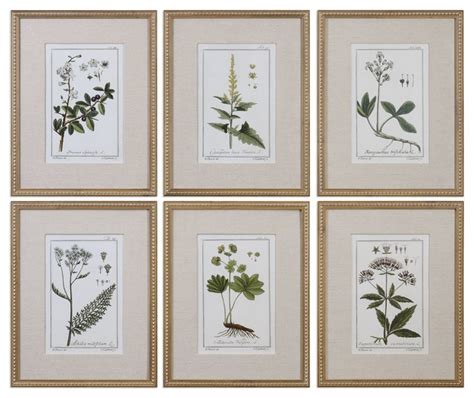 Leaf Berry Flower 6 Piece Wall Art Set Beaded Gold Frame Botanical