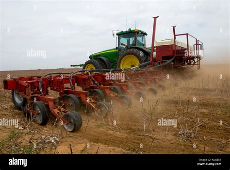 John Deere Tractor Planting Cotton With A 24 Row Case Ih Air Planter In No Till Cotton Stock