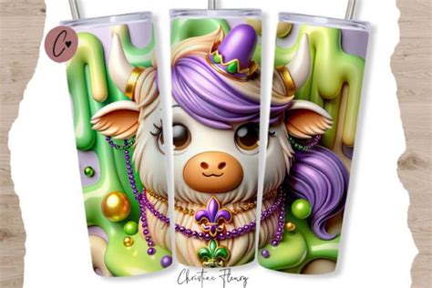 3D Mardi Gras Highland Cow Tumbler Wrap Graphic By Christine Fleury