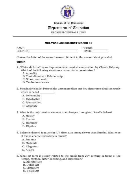 Mapeh 10 MYA Assessment TOOL Republic Of The Philippines Department