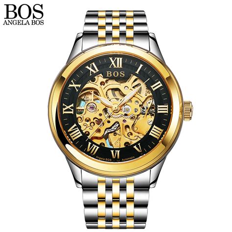 ANGELA BOS Negro Oro Acero Inoxidable Esqueleto Reloj De Lujo Hombres