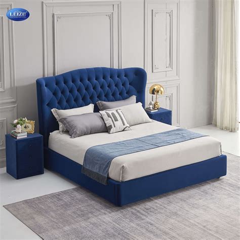 Modern Blue Tufted Velvet Bed Frame Gas Lift Storage For Luxury Bedroom ...