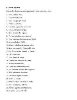 N Gation In French With Pas Worksheet Teaching Resources